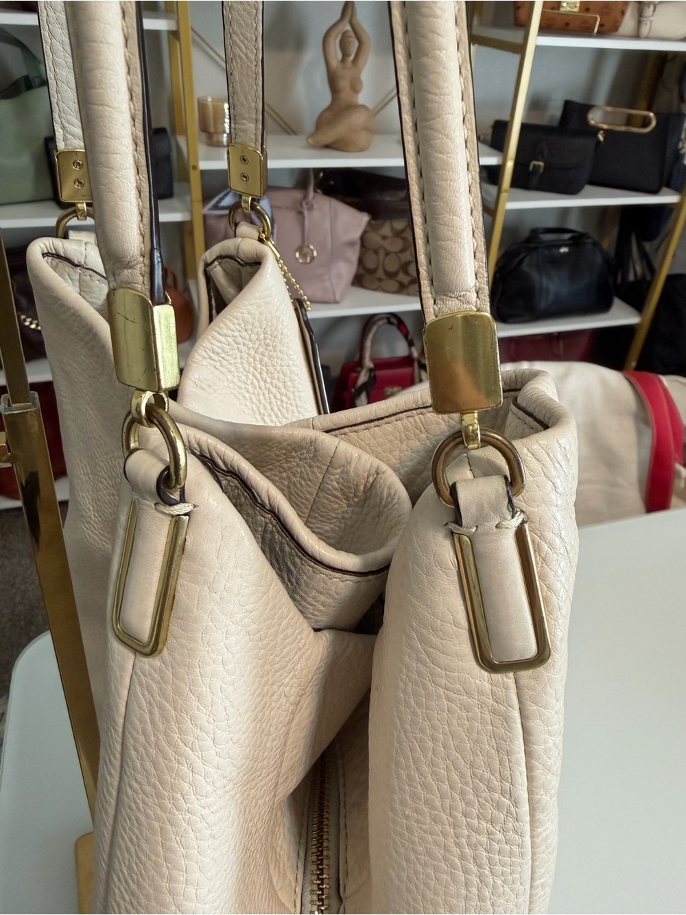 Coach Madison Elegant Cream Leather Shoulder Bag with Scarf Accent - Picture 16 of 16